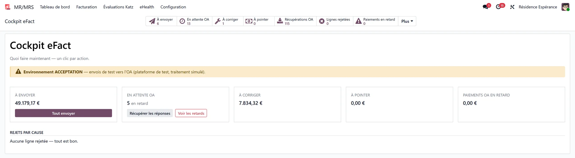 Cockpit eFact avec les piles d'actions (À envoyer, En attente OA, À corriger, À pointer, Paiements OA en retard) et le tableau « Rejets par cause »