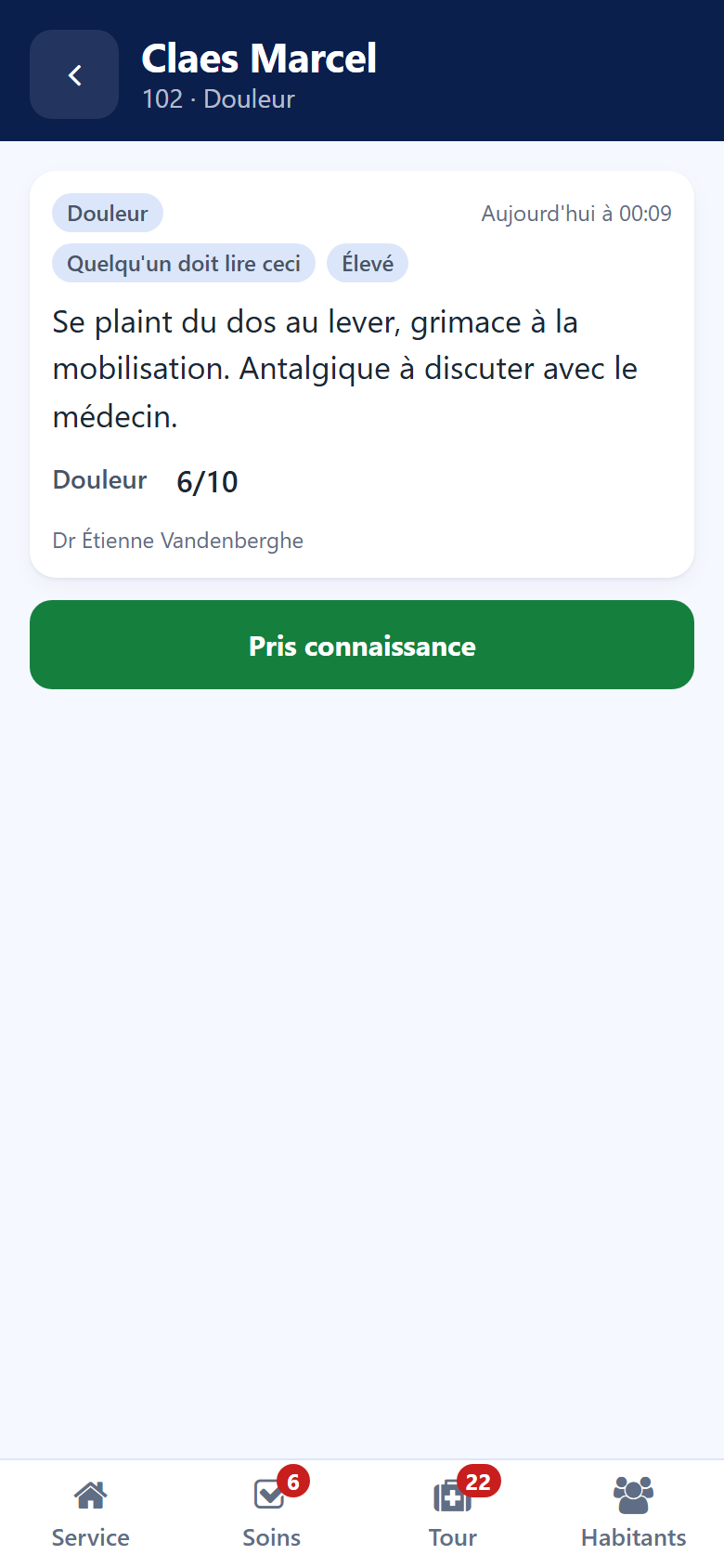 Une note ouverte en entier sur le téléphone, avec son texte, son auteur et le bouton Pris connaissance
