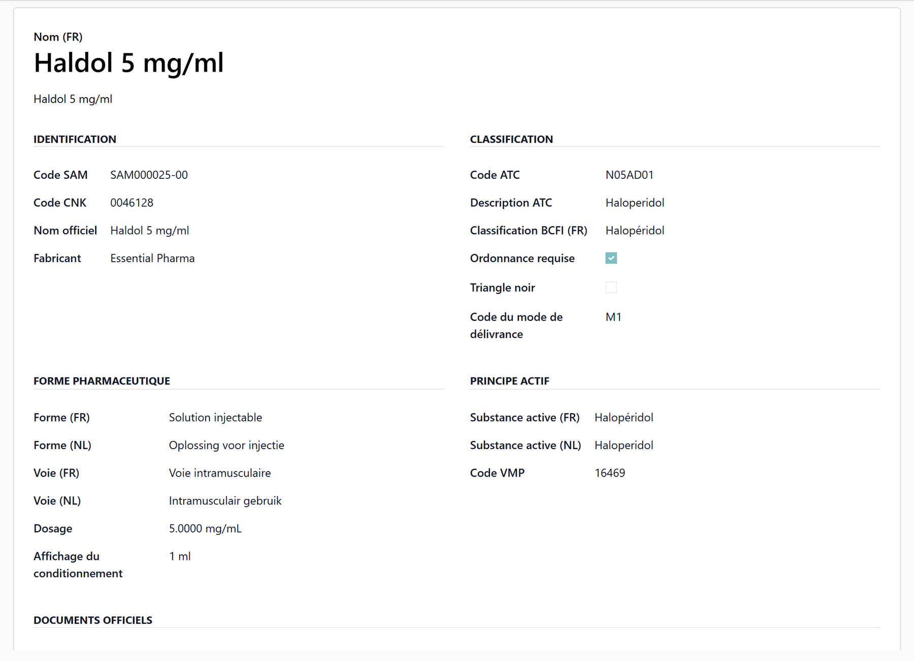 Fiche médicament de la base SAM, avec ses codes d'identification et de classification