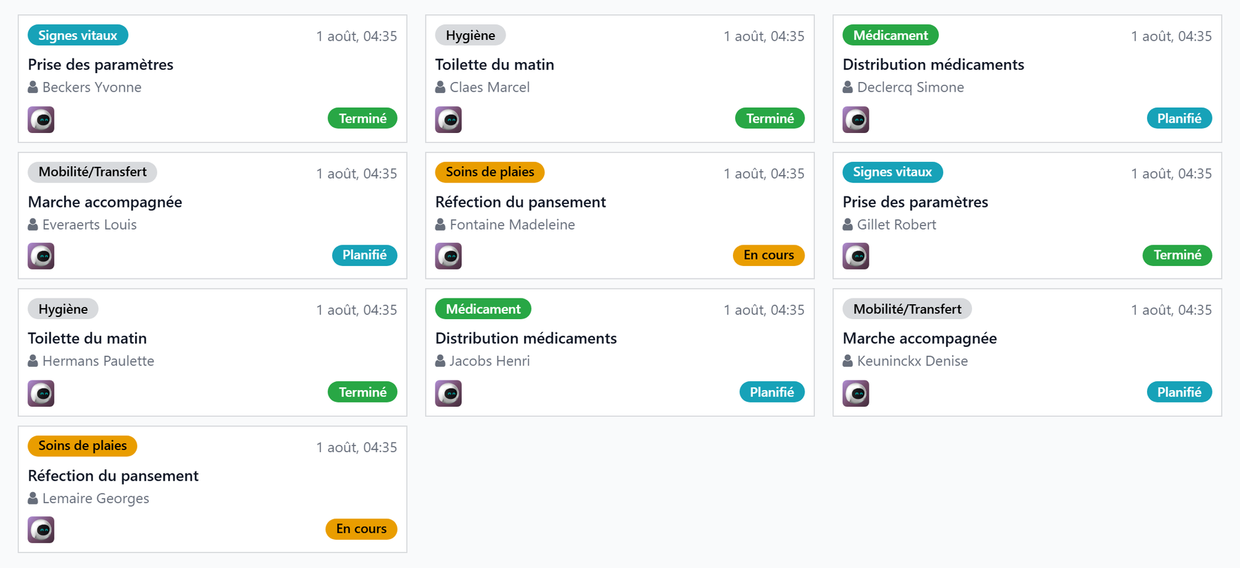 Les soins du jour en tableau kanban : une carte par soin, avec son type, son habitant et son statut