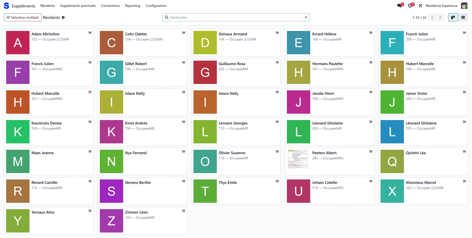 Supplements app on the Residents screen in kanban view, one card per resident with room and stay type