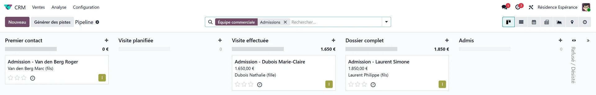 Admissions pipeline in kanban view, one column per stage from First contact to Admitted