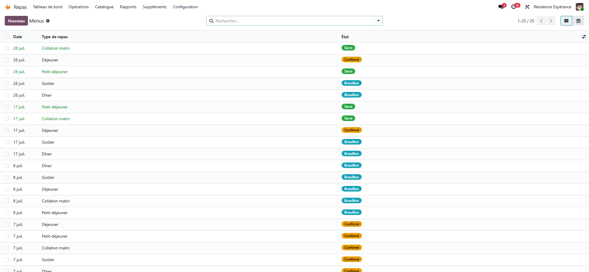 Menus list: one row per date and meal type, with the Draft, Confirmed or Served status