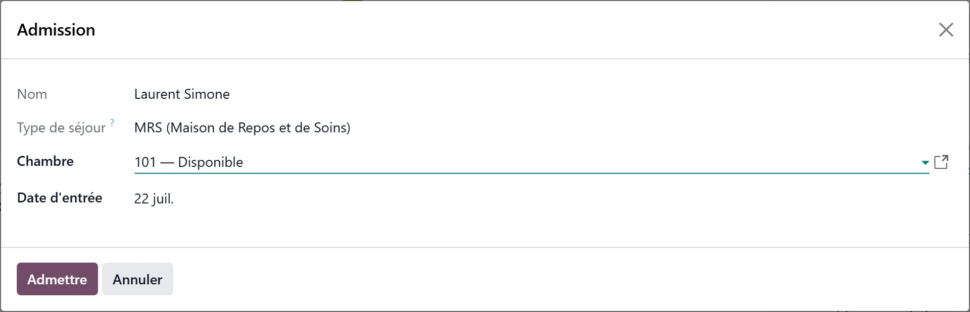 Admission wizard with the stay type, room and start date fields