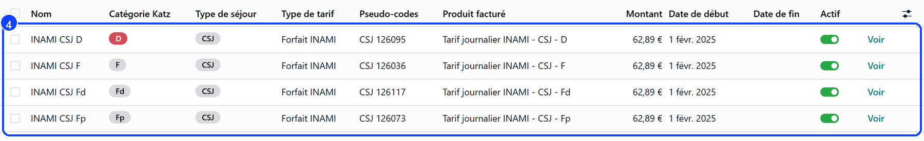 The INAMI rates filtered on CSJ: the four categories D, F, Fd and Fp, each with its pseudo-code, at the same amount from 1 February 2025