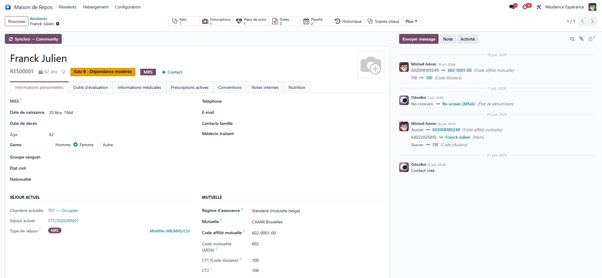 Resident record: the category and stay type badges, the Identity tab and the current stay