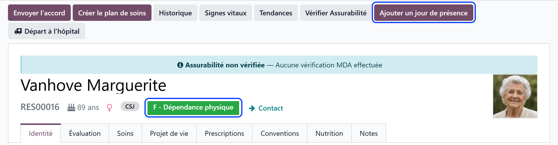 The file of a day care user: the Add a day of attendance button in the header, the CSJ marker and the category badge F next to the name