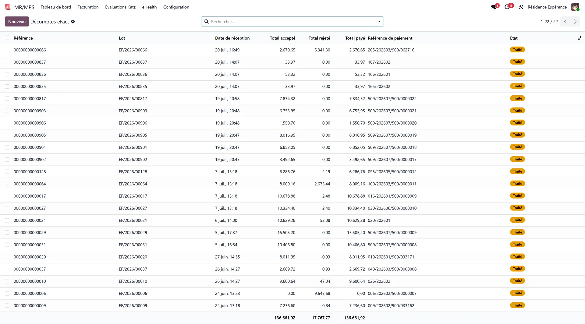 eFact settlements list: one row per settlement with the batch, receipt date, accepted, rejected and paid amounts, payment reference and status badge