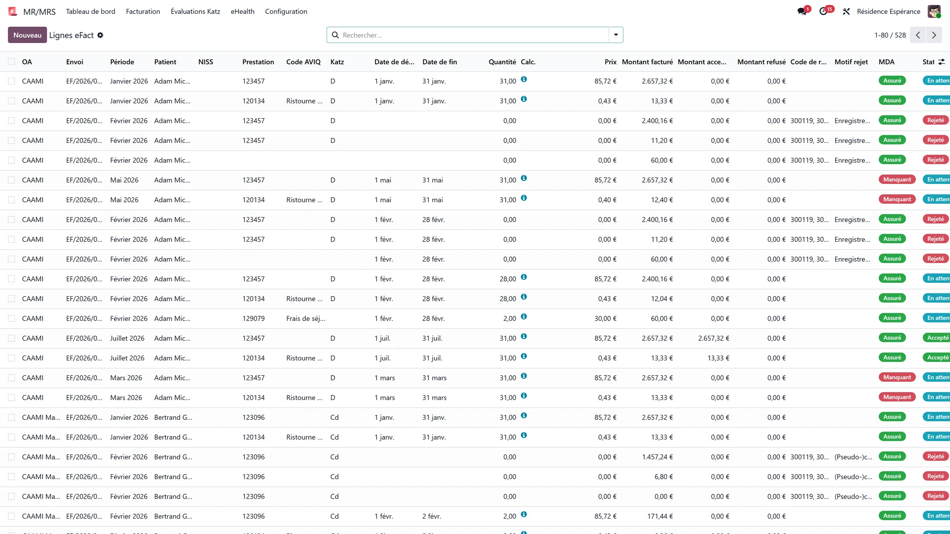 eFact batch lines list showing the refused lines with their rejection code and reason