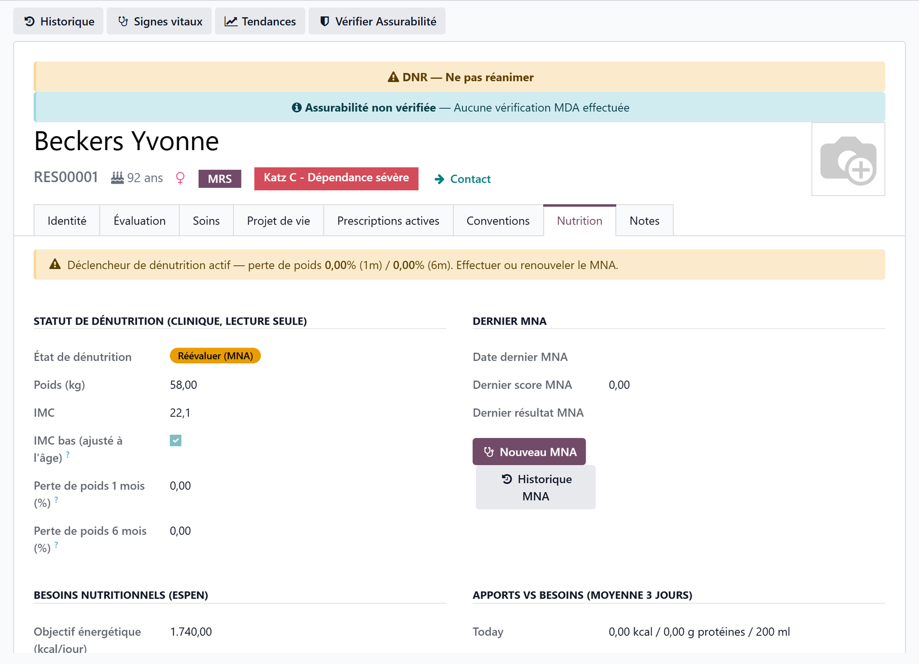 Nutrition tab: undernutrition status, latest MNA and the ESPEN targets