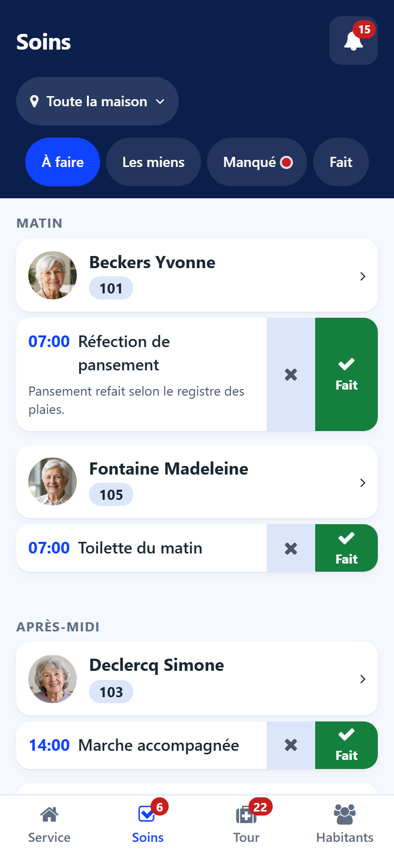 The Cares screen on the phone: the To do, Mine, Missed and Done tabs, then the cares of each resident with their Done button