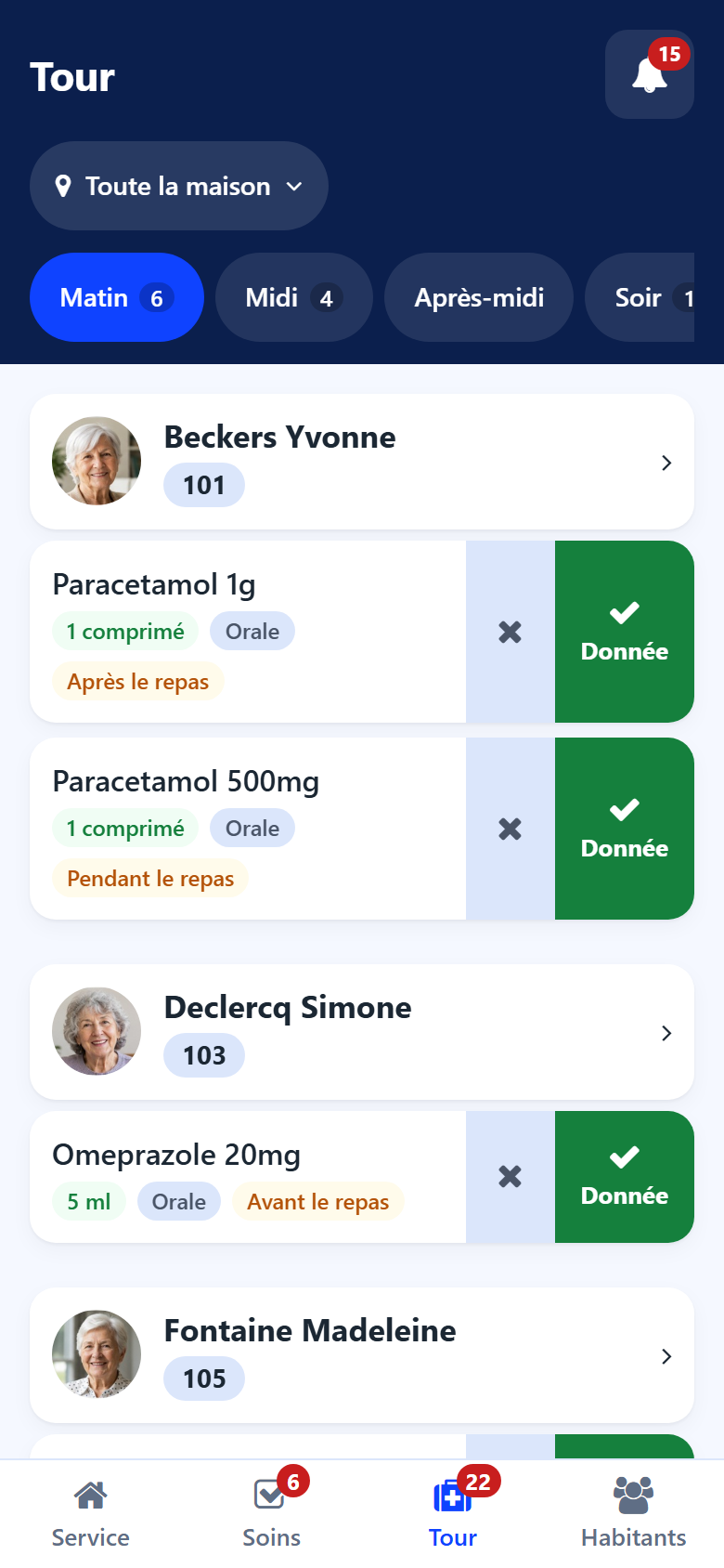 The Round screen on the phone: the tabs of the moments of the day, then each resident with the medication, the dose, the route and the Given button