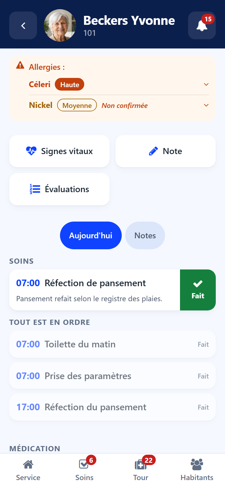 A resident sheet on the phone: photo, room, allergies strip, the Vital signs, Note and Evaluations buttons, then the day's cares and medication