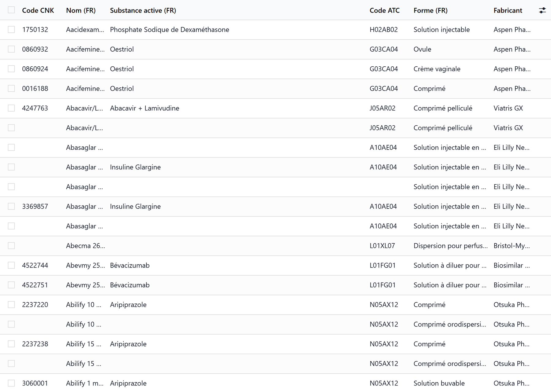 SAM database search, one row per medication with its official name and ATC code