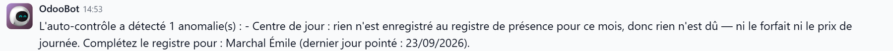 De nota op de periode: er is niets geregistreerd in het aanwezigheidsregister voor deze maand, dus is er niets verschuldigd, met de naam van de gebruiker en de laatst geregistreerde dag